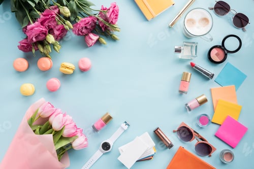 Preview: top view of bouquets of flowers with sunglasses and cosmetics with macaroons mock-up