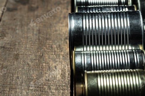 Preview: Tin cans with food on the table