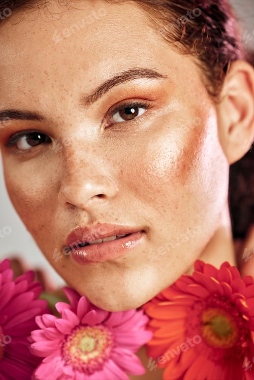 Preview: Beauty portrait, woman and flowers for skincare dermatology, makeup and cosmetics. Facial, wellness