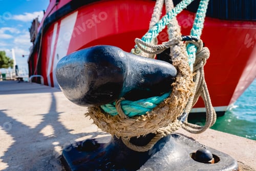 Preview: Valencia, Spain - November 2, 2019: Red rescue ship moored to port, seen from the mooring.