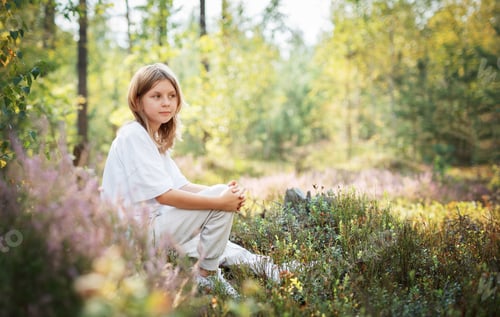 Vista previa: Un niño pequeño se sienta en paz entre flores silvestres en un bosque sereno durante una brillante tarde de verano