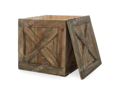 Preview: Old open wooden crate with lid isolated on white