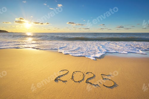Preview: 2025 text symbol of new year written on the seashore