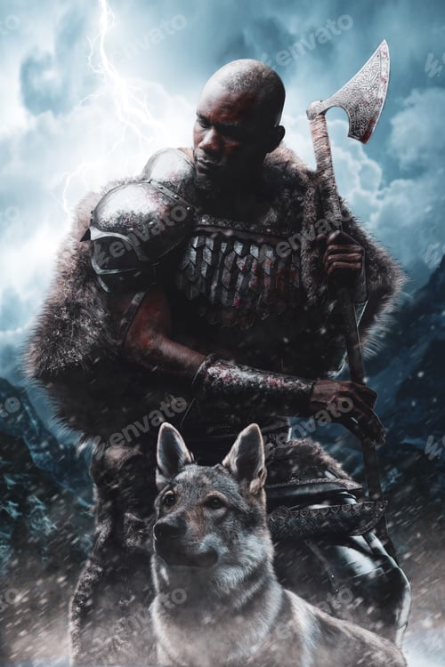 Preview: Violent black skinned barbarian and his wolf in stormy mountains