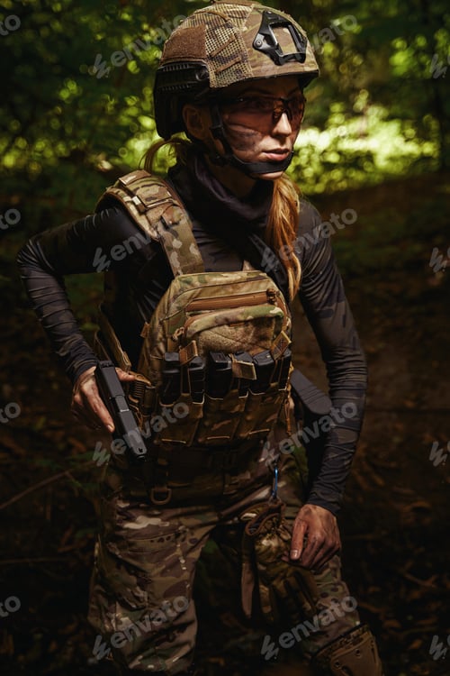 Preview: Female person searching of target in forest