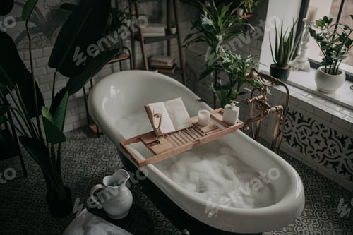 Preview: Luxurious interior bathroom in modern eco style with oval bathtub and book on bamboo wood tray