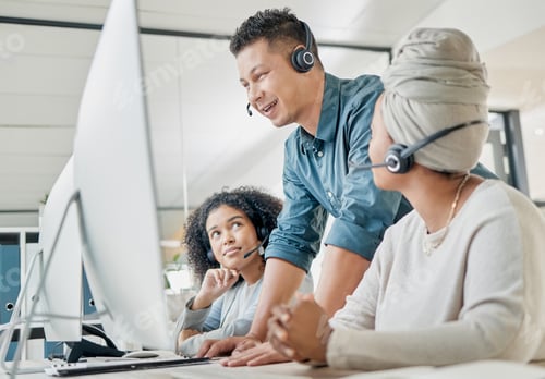 Preview: Customer support communication, computer or call center manager working on telecom microphone, cont