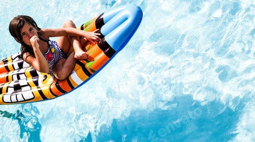 Preview: Minimalist landscape of Gen z girl in pool as minimalism on vacation having fun.