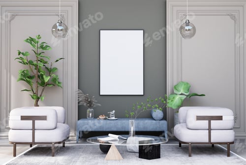 Preview: mock up poster frame in modern interior fully furnished rooms background, living room,