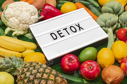 Preview: Assorted vegan food around board with writing