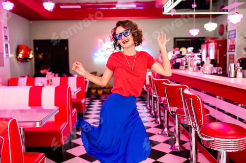 Preview: stylish smiling woman in retro vintage cafe