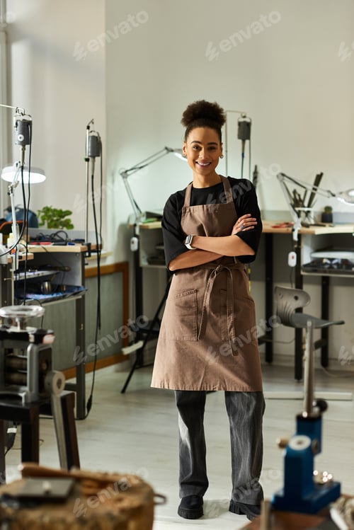 Preview: A skilled artisan stands proudly in her workshop surrounded by tools and creative energy