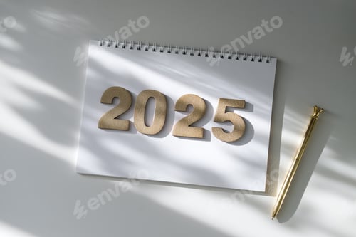 Preview: Notepad, pen and gold numbers 2025 on white background