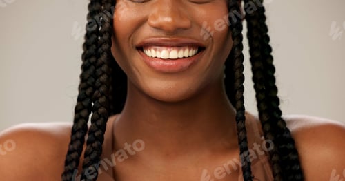 Preview: Closeup, teeth whitening and woman with smile, beauty and dental hygiene on gray studio background.