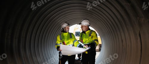 Preview: Worker constructing a pipeline for transporting oil, gas, and fuel at an industrial facility.