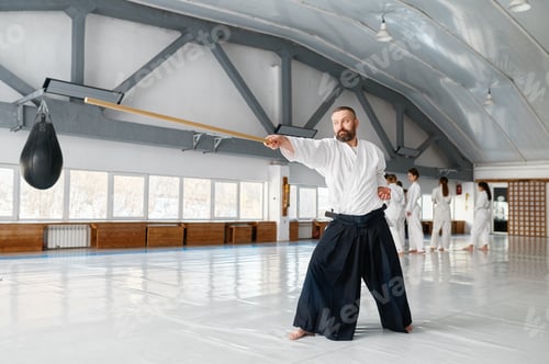 Preview: Kendo master practicing with wooden sword during break time on training