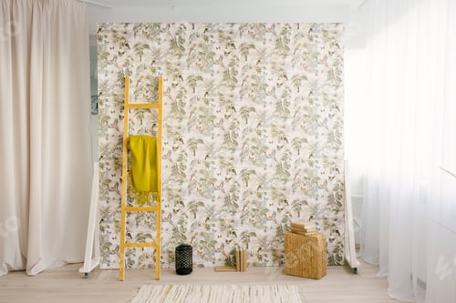 Preview: Exotic Photo Zone with Wooden Stairs, Books and Wicker Baskets in the Photo Studio