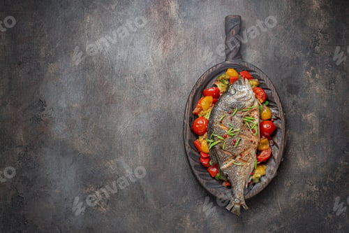 Preview: Fried whole fish with vegetables on cutting board, copy space