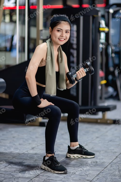 Preview: Young sexy sporty woman training with a dumbbell in gym