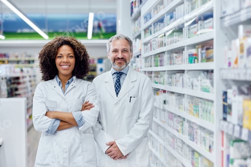 Preview: Portrait of a male and female pharmacist, working together at th