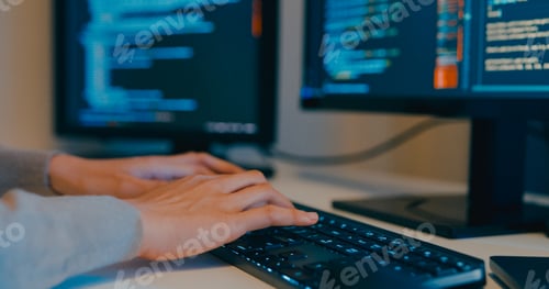 Preview: Asia female freelance typing write prompt AI bot IT app program nomad, video game.
