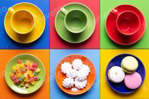 Preview: Empty cup of coffee and sweet at colorful abstract background