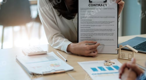 Preview: Sale purchase contract to buy a house, Real estate agent are presenting home loan and giving keys to