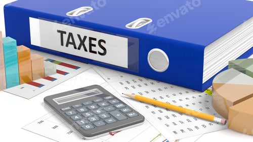 Preview: Office desktop with stats, calculator, pencil, papers and folder named Taxes