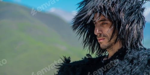 Preview: A Georgian man in a hat against the background of mountains and the sky. Selective focus.