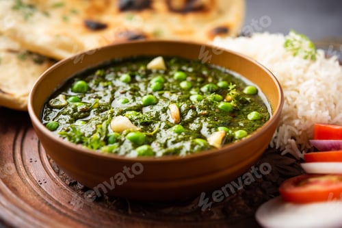 Preview: palak matar curry also known as spinach geen peas masala sabzi or sabji, indian food