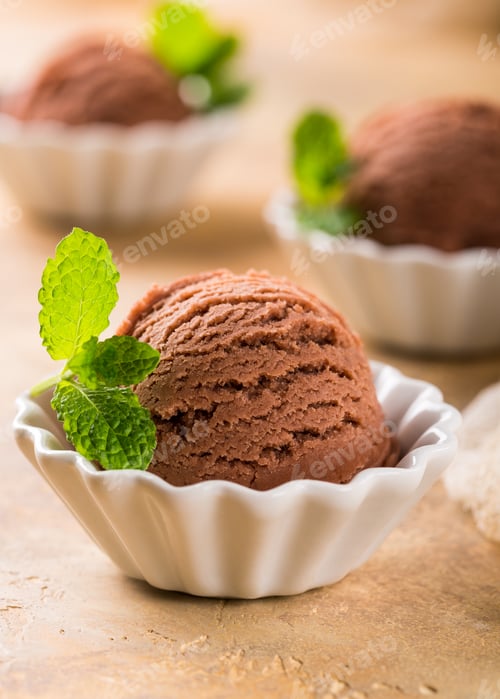 Preview: Chocolate ice cream in white bowl.