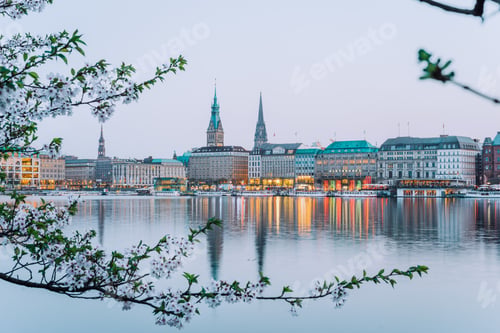 Preview: Beautiful view of Hamburg town hall - Rathaus and Alster river at spring earning evening