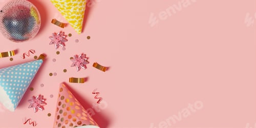 Preview: Cheerful multicolor party hats with confetti on pink background, 3D render.