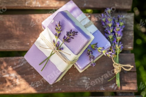Preview: Top view of natural lavender soap on wooden chair