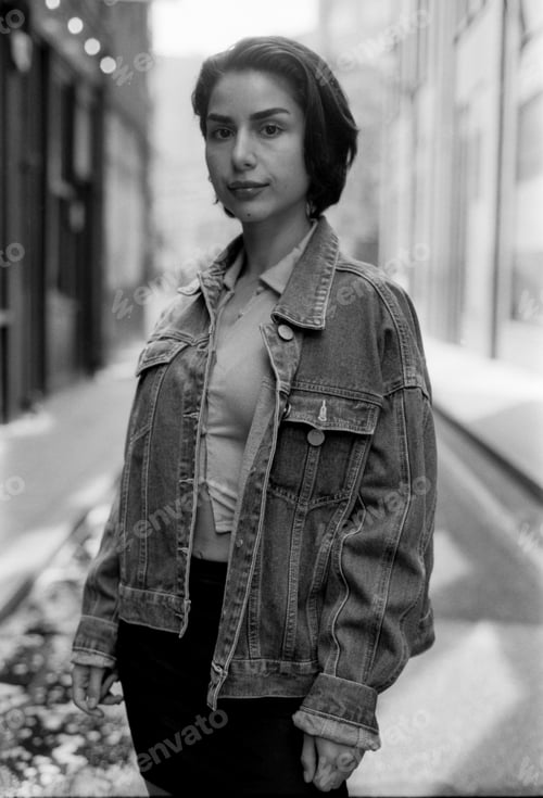 Preview: Young woman posing in urban backdrop wearing denim jacket and skirt, grainy analog effect
