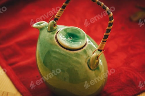 Preview: Tableware on kitchen table with autumn decor close up
