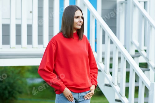 Preview: Young woman in red blouse