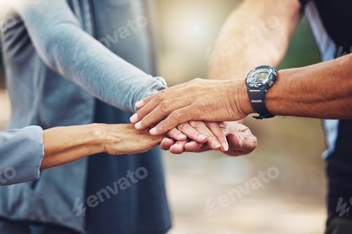 Preview: Hands, group and fitness target for wellness, health and results in nature. Teamwork with hand, fri