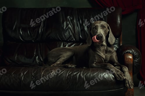 Preview: Studio shot of weimaraner dog like a medieval aristocrat
