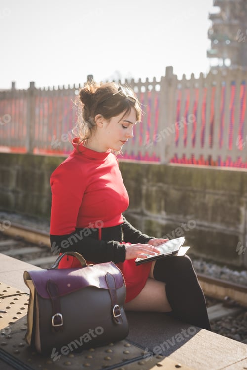 Preview: young beautiful red dressed vintage hipster woman