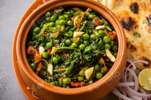 Preview: palak matar curry also known as spinach geen peas masala sabzi or sabji, indian food