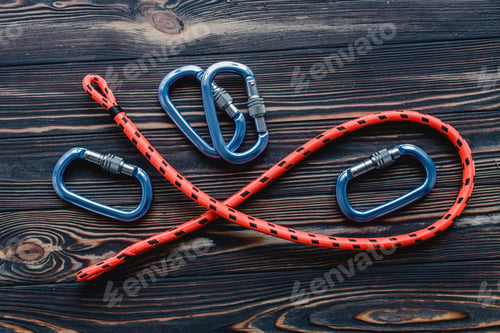 Preview: Isolated photo of climbing equipment. Part of carabiner lying on the wooden table