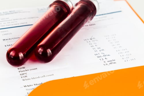 Preview: Blood sample in test tubes with health analysis screening report