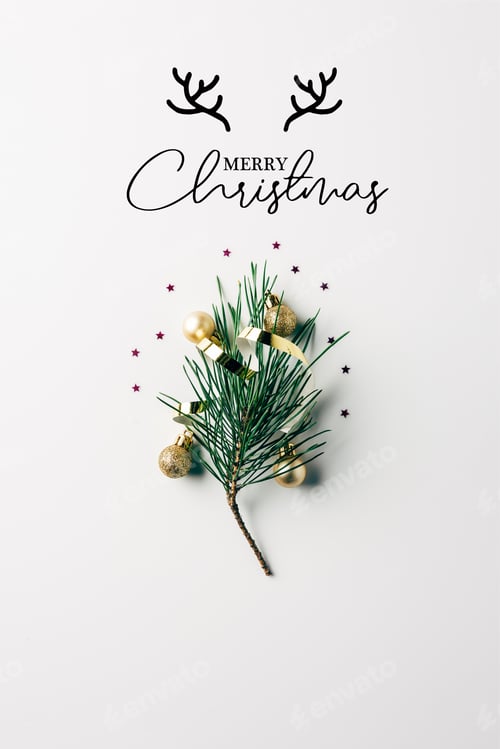 Preview: top view of little pine tree branch with ribbon and christmas balls on white surface with"merry