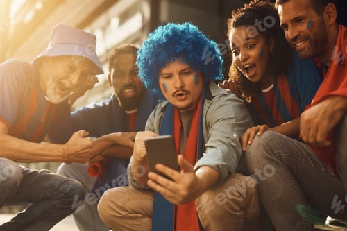 Preview: Sports fans cheering while watching soccer match on smart phone.