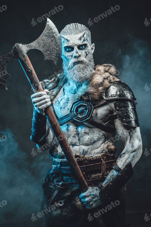 Preview: Staring at camera northern undead warrior in frosty fog