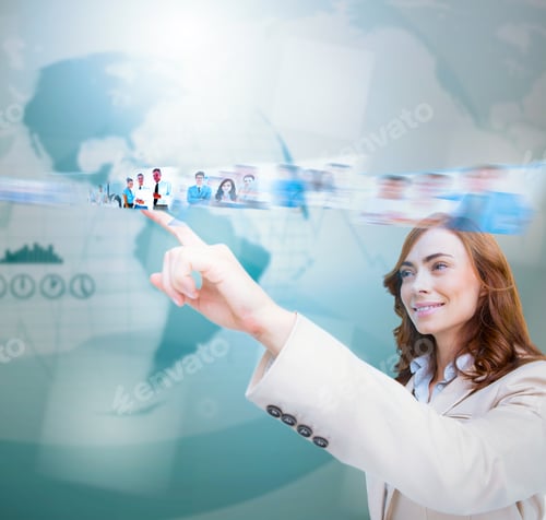 Preview: Smiling Businesswoman Scrolling Pictures On Blue Map Background
