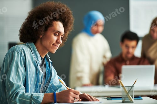 Preview: Side view of young multi-ethnic student looking at paper with grammar test