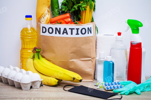 Preview: Donation package with food and personal protective equipment for people in need