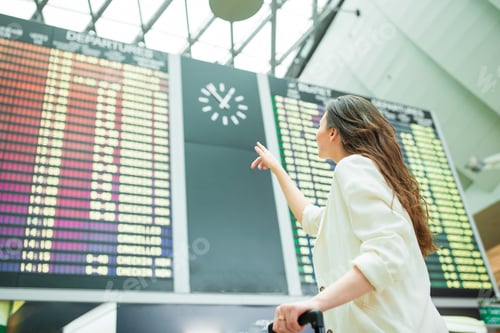 Preview: Young woman in international airport looking at the flight information board checking for flight